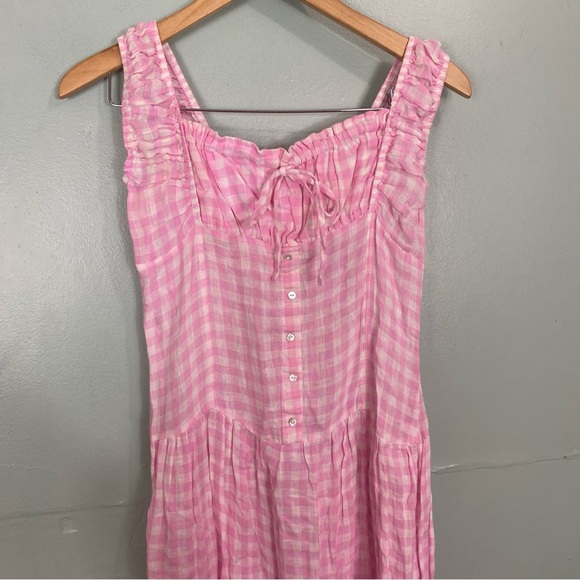 Frankie’s Bikinis Christabelle Maxi Dress Linen Gingham Plaid Pink White Medium - Picture 4 of 8